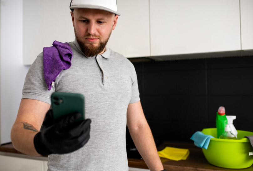 a hand in a glove cleaning a countertop